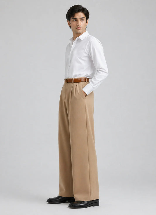 MENS Baige Tailored Wide-Leg Pant with Elastic Back Belt