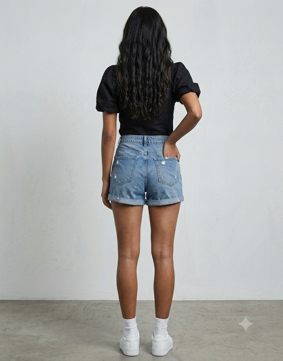 Distressed High-Rise Denim Shorts