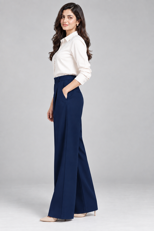 Blue Tailored Wide-Leg Pant with Elastic Back Belt