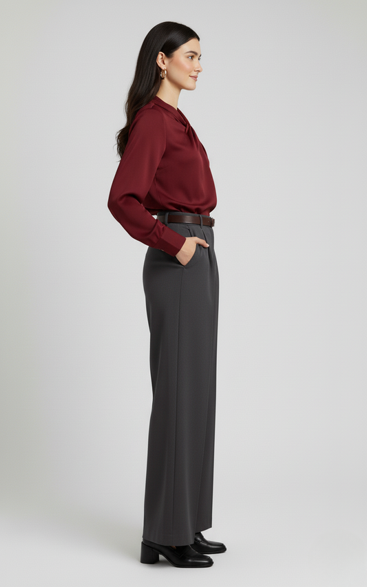 Gray Tailored Wide-Leg Pant with Elastic Back Belt
