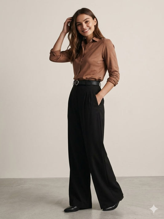 Black Tailored Wide-Leg Pant with Elastic Back Belt