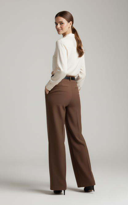 Brown Tailored Wide-Leg Pants with Elastic Back Belt