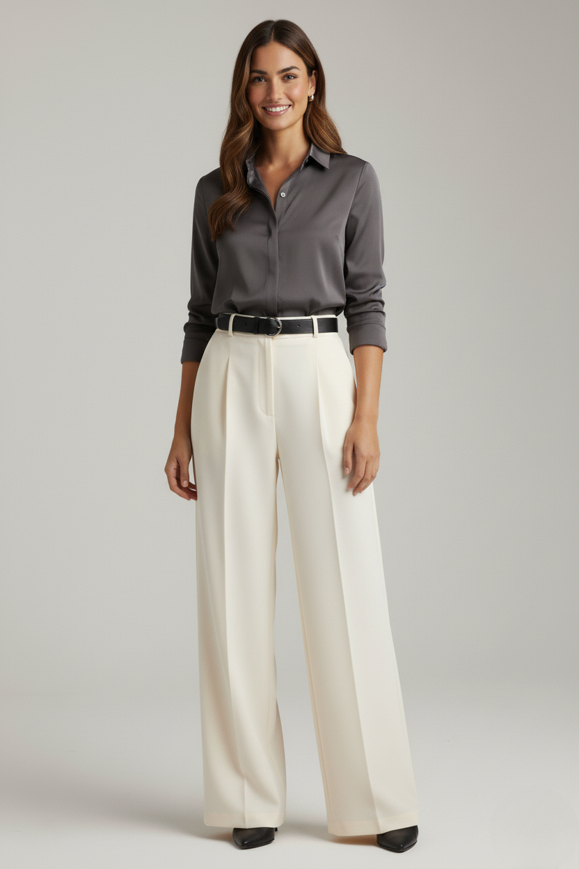 Off White Tailored Wide-Leg Pant with Elastic Back Belt