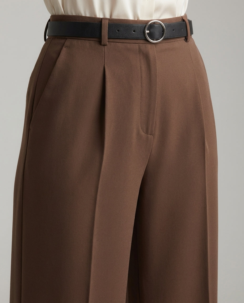 Brown Tailored Wide-Leg Pants with Elastic Back Belt