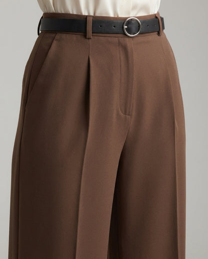 Brown Tailored Wide-Leg Pants with Elastic Back Belt