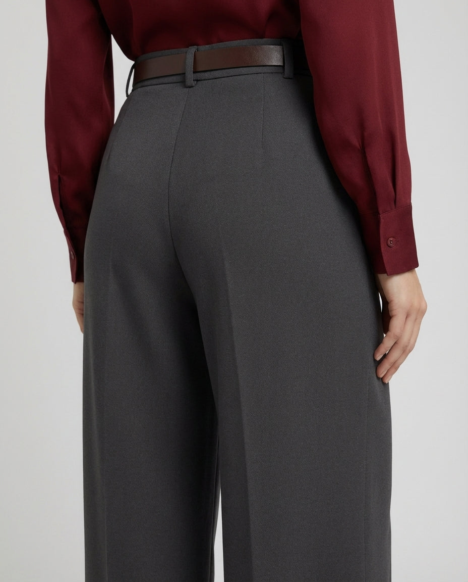 Gray Tailored Wide-Leg Pant with Elastic Back Belt