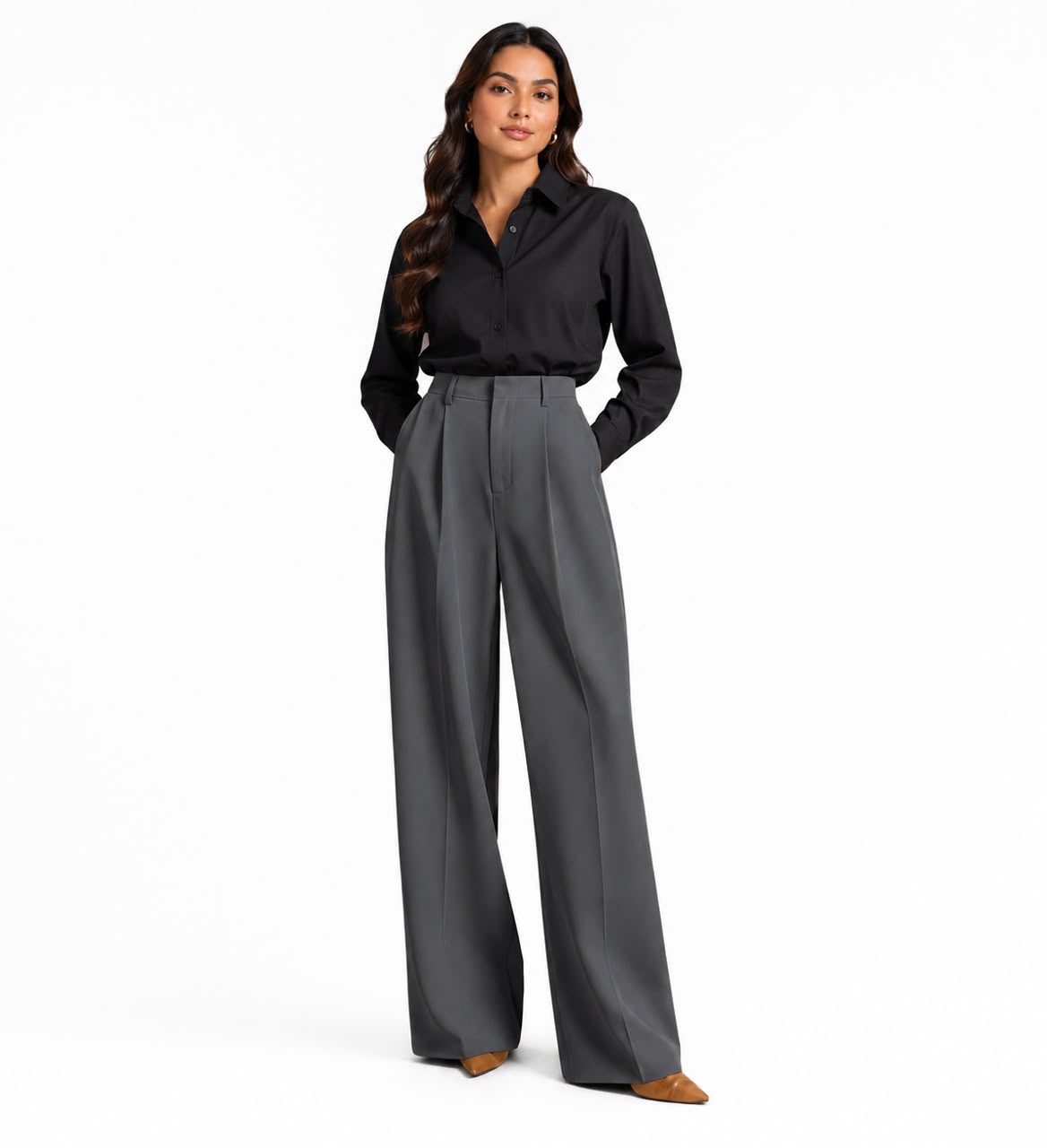 Gray Tailored Wide-Leg Pant with Elastic Back Belt