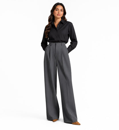 Gray Tailored Wide-Leg Pant with Elastic Back Belt