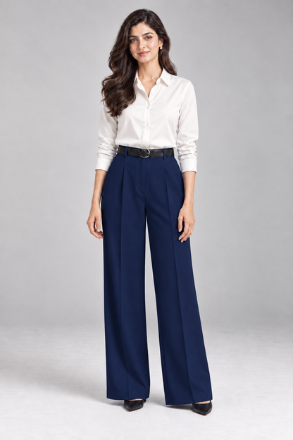 Blue Tailored Wide-Leg Pant with Elastic Back Belt