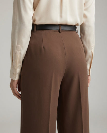 Brown Tailored Wide-Leg Pants with Elastic Back Belt