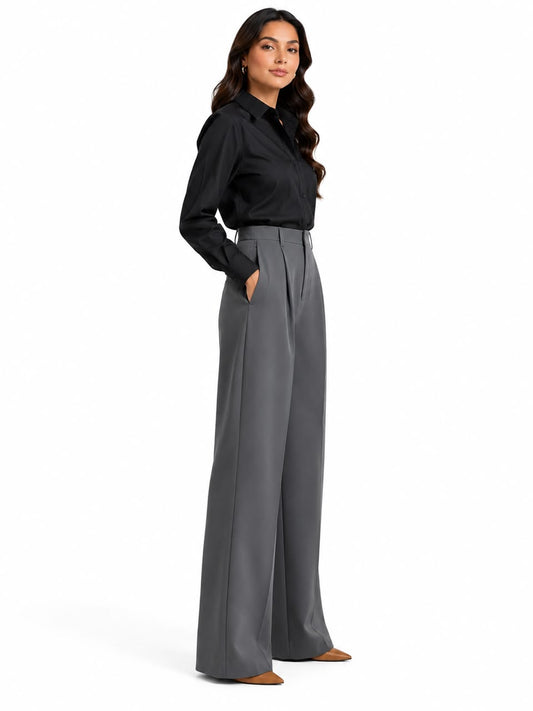 Gray Tailored Wide-Leg Pant with Elastic Back Belt