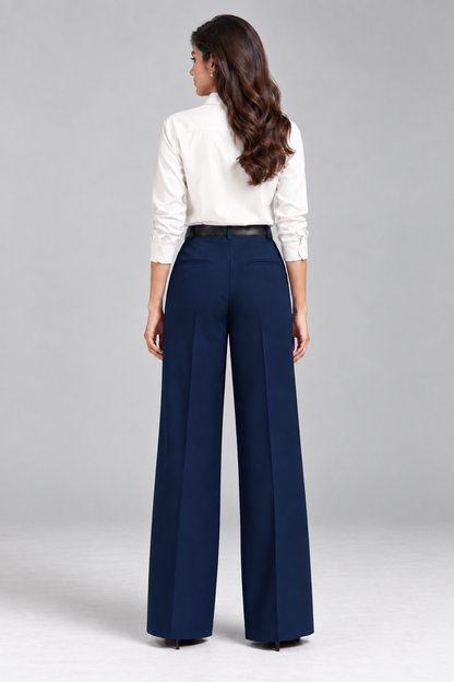 Blue Tailored Wide-Leg Pant with Elastic Back Belt