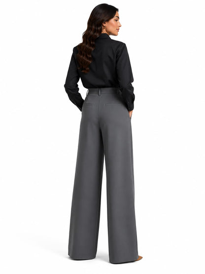 Gray Tailored Wide-Leg Pant with Elastic Back Belt