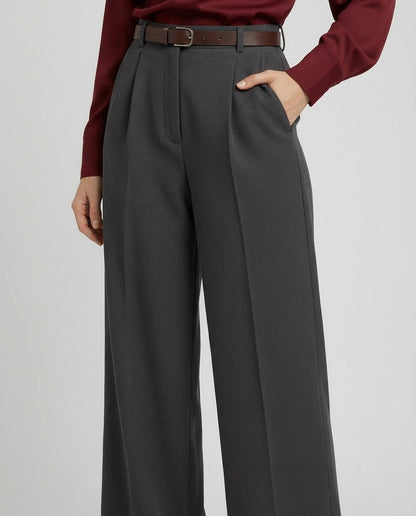 Gray Tailored Wide-Leg Pant with Elastic Back Belt