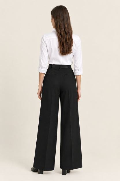 Black Tailored Wide-Leg Pant with Elastic Back Belt