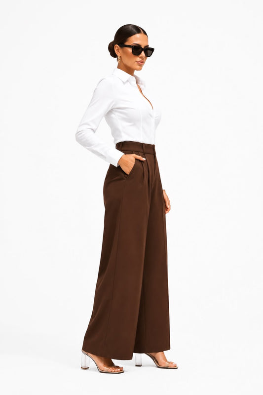 Brown Tailored Wide-Leg Pants with Elastic Back Belt