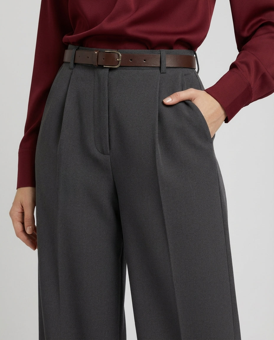 Gray Tailored Wide-Leg Pant with Elastic Back Belt