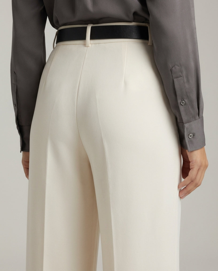 Off White Tailored Wide-Leg Pant with Elastic Back Belt
