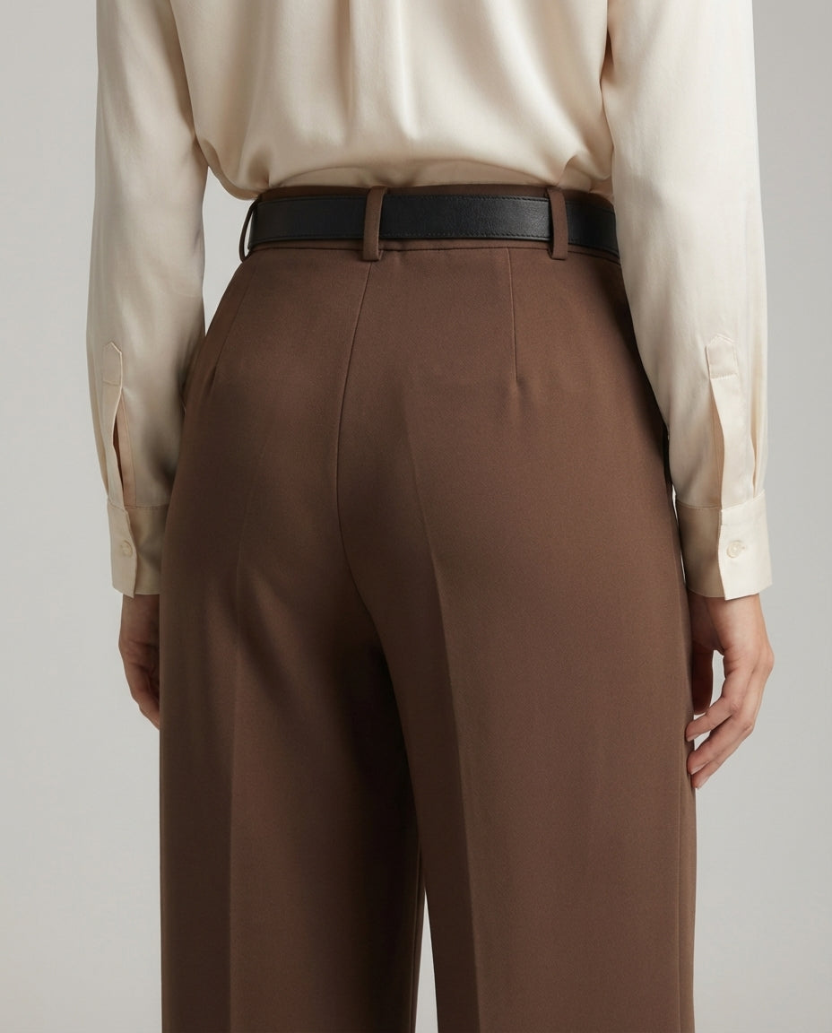 Brown Tailored Wide-Leg Pants with Elastic Back Belt