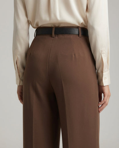 Brown Tailored Wide-Leg Pants with Elastic Back Belt