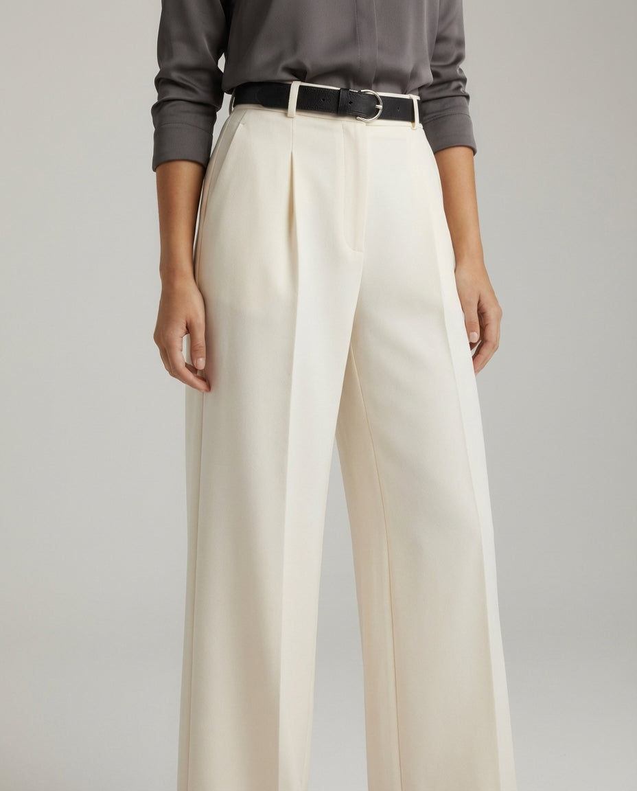 Off White Tailored Wide-Leg Pant with Elastic Back Belt
