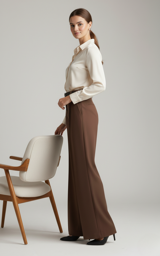 Brown Tailored Wide-Leg Pants with Elastic Back Belt