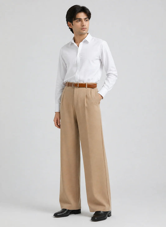MENS Baige Tailored Wide-Leg Pant with Elastic Back Belt