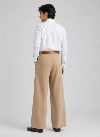 MENS Baige Tailored Wide-Leg Pant with Elastic Back Belt