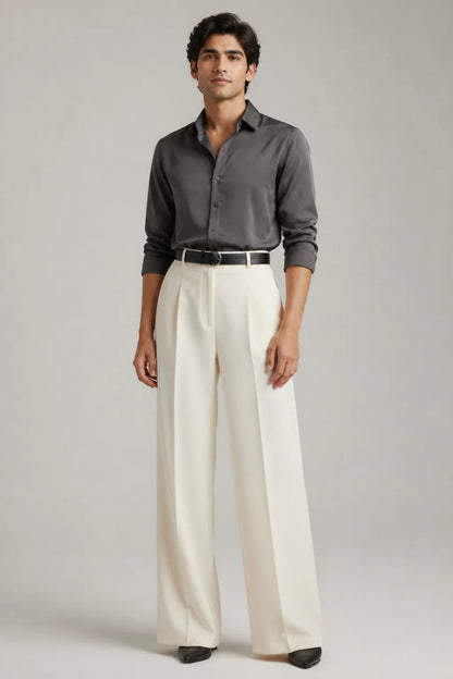 MENS White Tailored Wide-Leg Pant with Elastic Back Belt