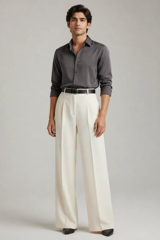 MENS White Tailored Wide-Leg Pant with Elastic Back Belt