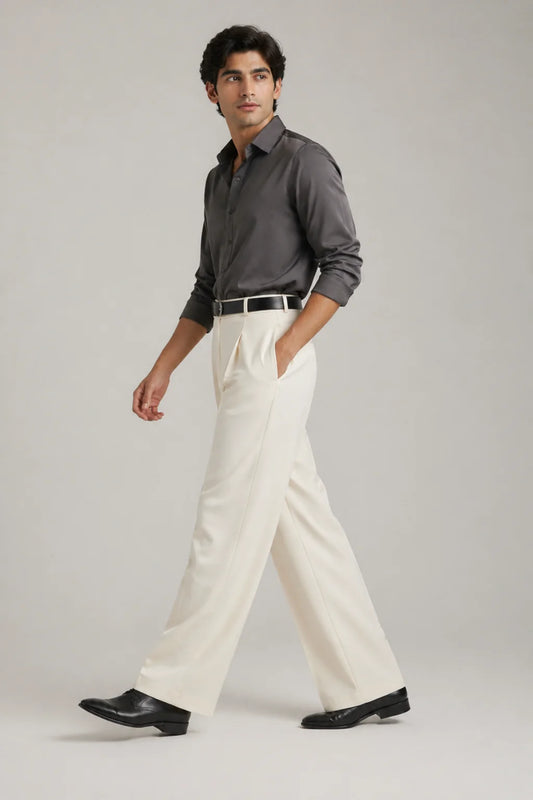MENS White Tailored Wide-Leg Pant with Elastic Back Belt