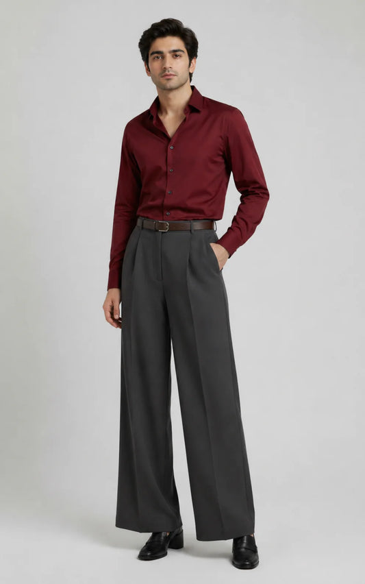 MENS Gray Tailored Wide-Leg Pant with Elastic Back Belt