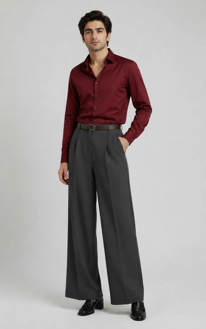 MENS Gray Tailored Wide-Leg Pant with Elastic Back Belt