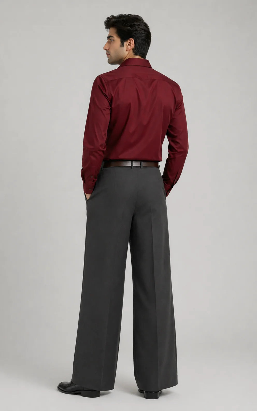 MENS Gray Tailored Wide-Leg Pant with Elastic Back Belt