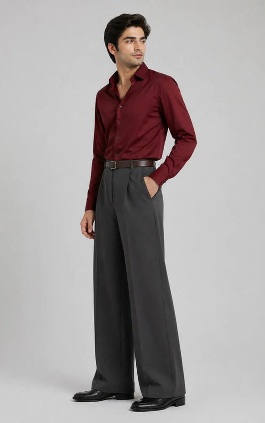 MENS Gray Tailored Wide-Leg Pant with Elastic Back Belt