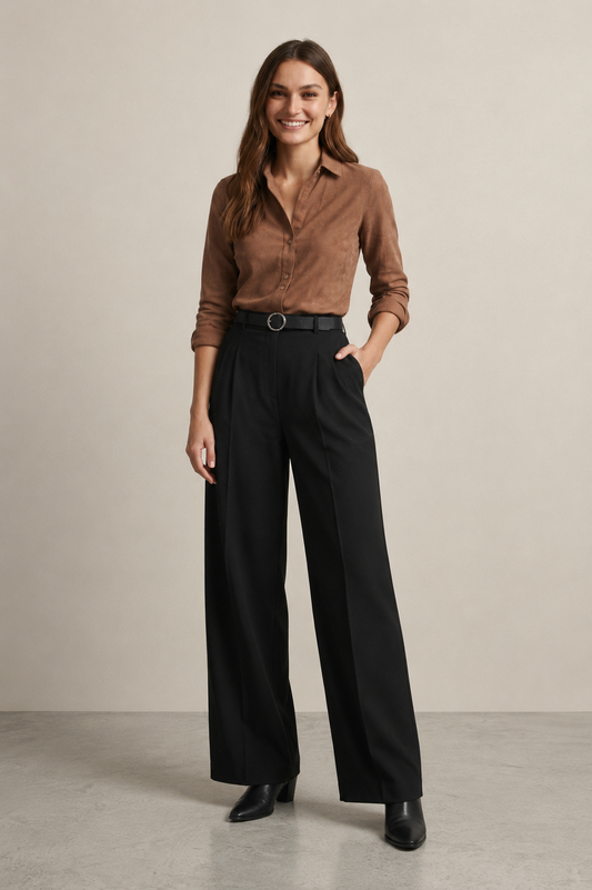 Black Tailored Wide-Leg Pant with Elastic Back Belt