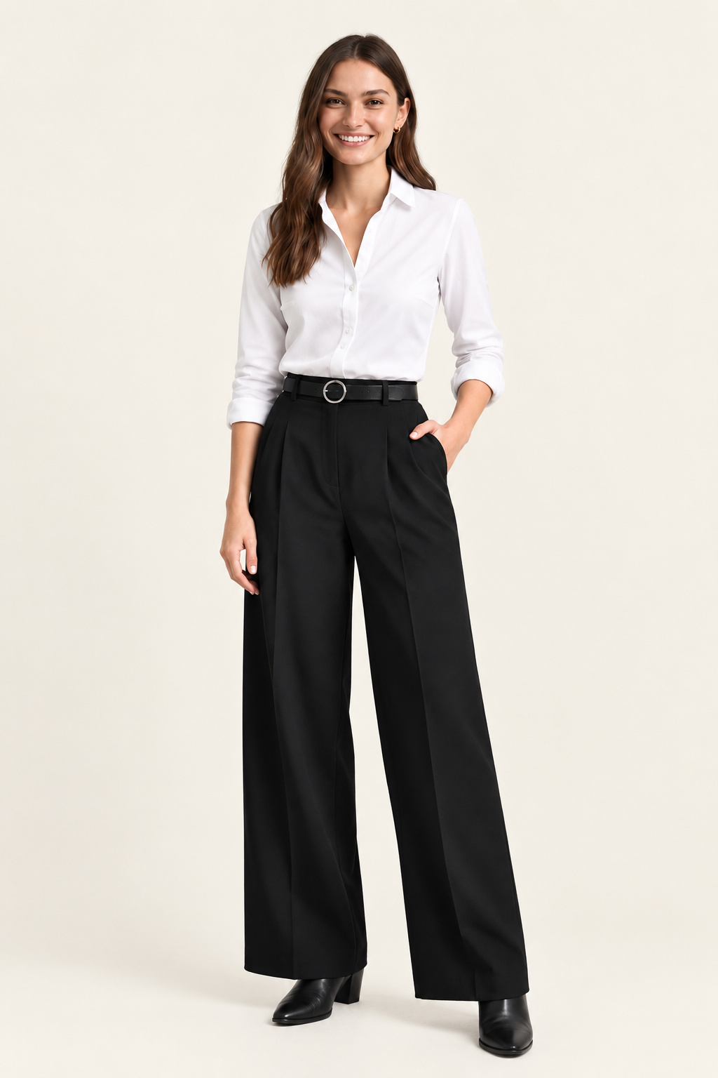 Black Tailored Wide-Leg Pant with Elastic Back Belt