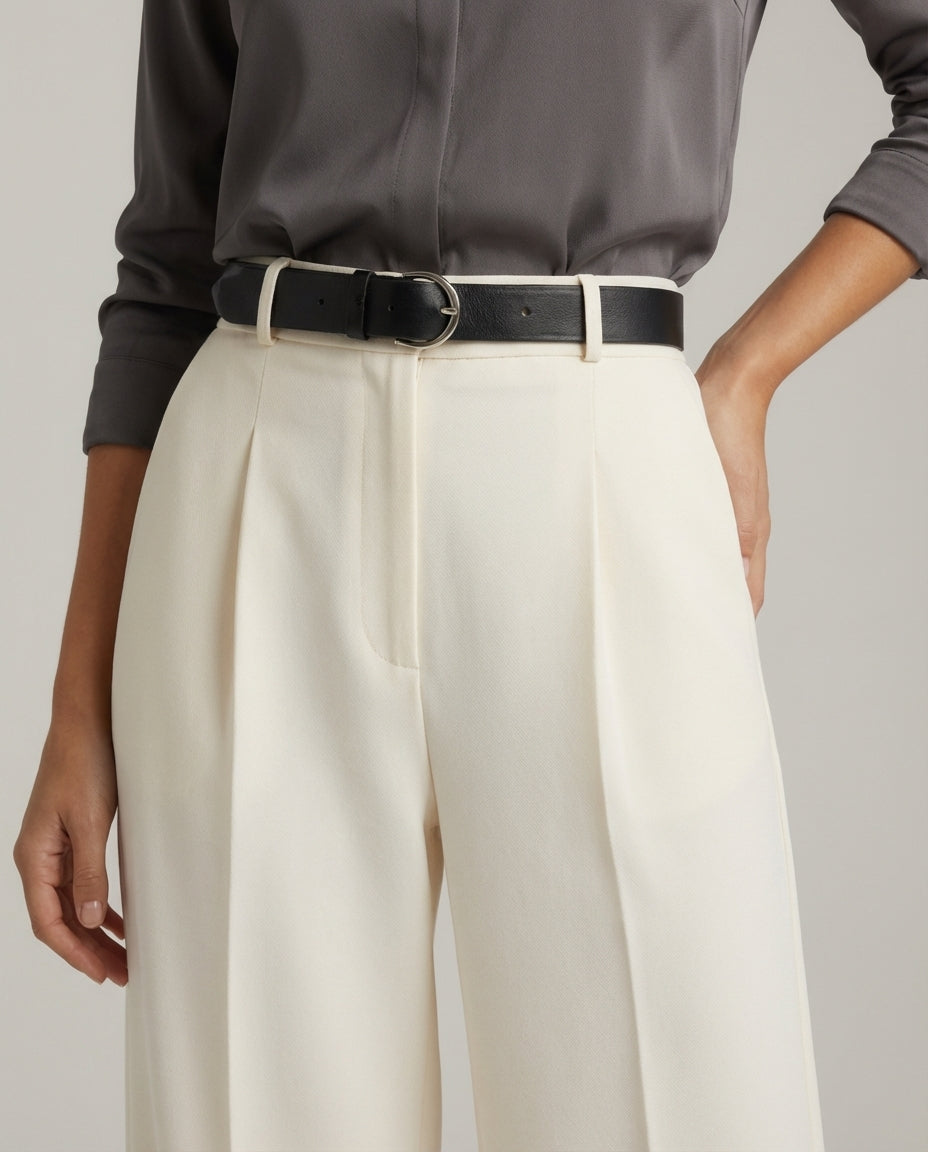 Off White Tailored Wide-Leg Pant with Elastic Back Belt