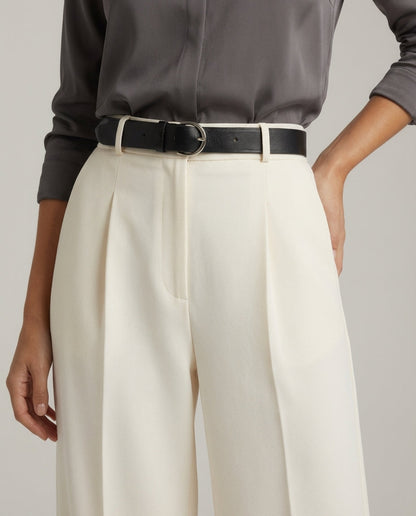 Off White Tailored Wide-Leg Pant with Elastic Back Belt