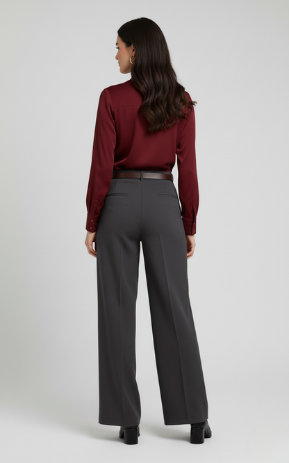 Gray Tailored Wide-Leg Pant with Elastic Back Belt