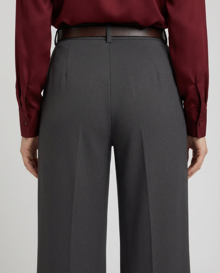 Gray Tailored Wide-Leg Pant with Elastic Back Belt