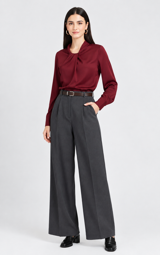 Gray Tailored Wide-Leg Pant with Elastic Back Belt
