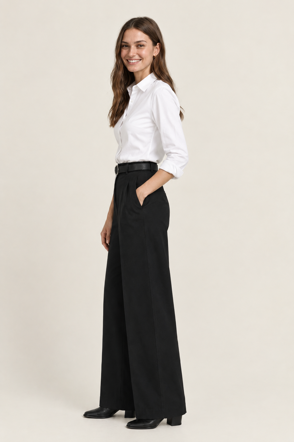 Black Tailored Wide-Leg Pant with Elastic Back Belt