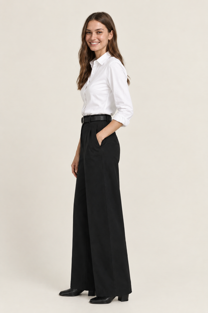 Black Tailored Wide-Leg Pant with Elastic Back Belt