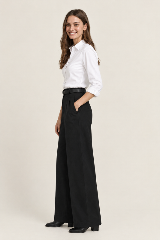 Black Tailored Wide-Leg Pant with Elastic Back Belt