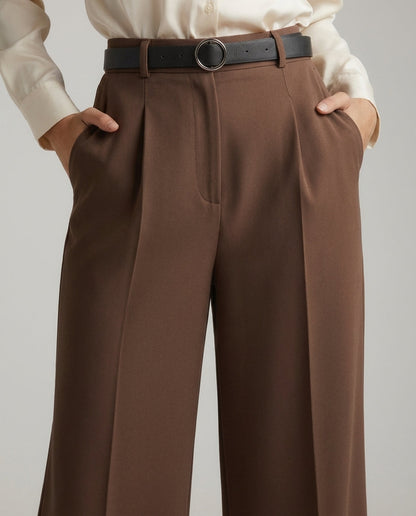 Brown Tailored Wide-Leg Pants with Elastic Back Belt