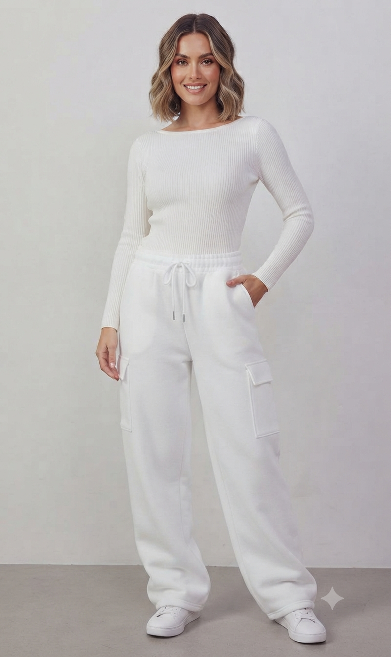 White High-Waisted Cargo Sweatpant