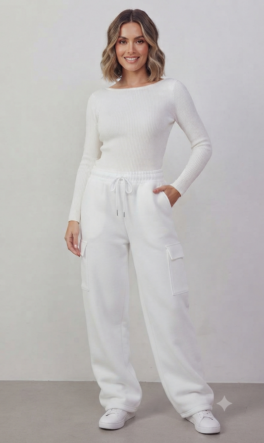 White High-Waisted Cargo Sweatpant