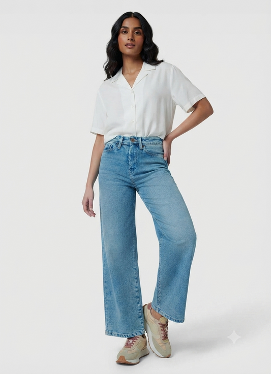 Wide Leg  loose Fit High Waist Jeans Mid Blue