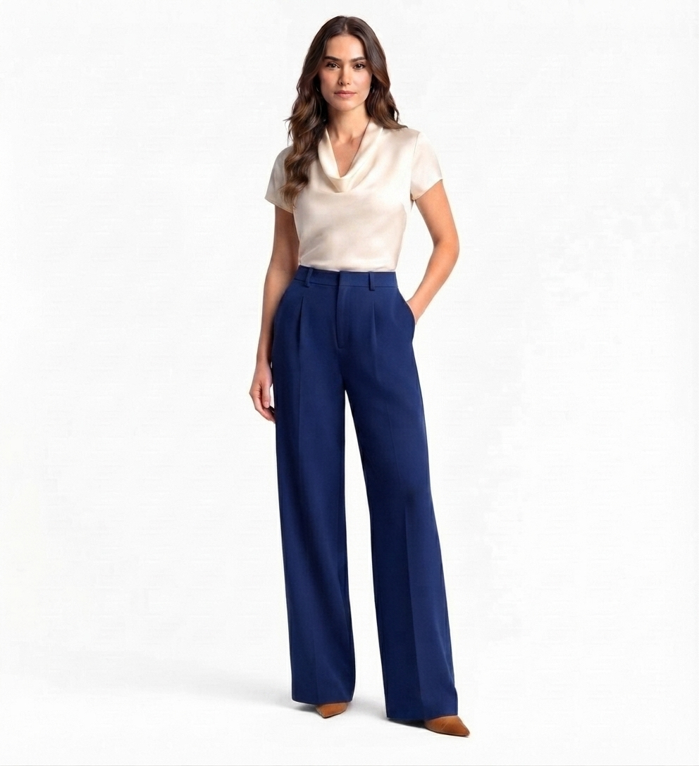 Blue Tailored Wide-Leg Pant with Elastic Back Belt